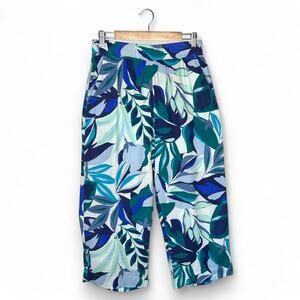 C&C California Wide Leg Cropped Linen Pant Size M Green Blue Tropical Leaf Print